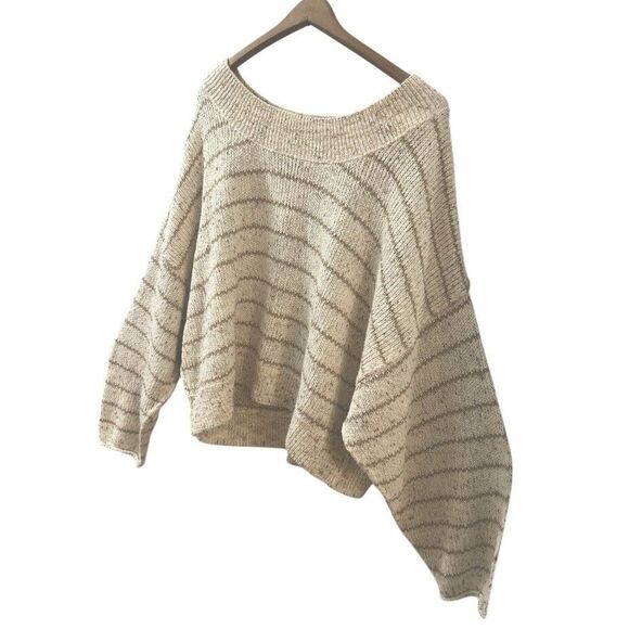 Free People Starlight Sweater Pearl Island Stripes Cream Oatmeal Comfy Size L - Picture 5 of 12
